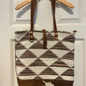 Myra Bag Brown and White Geometric Tote with Leather Accents